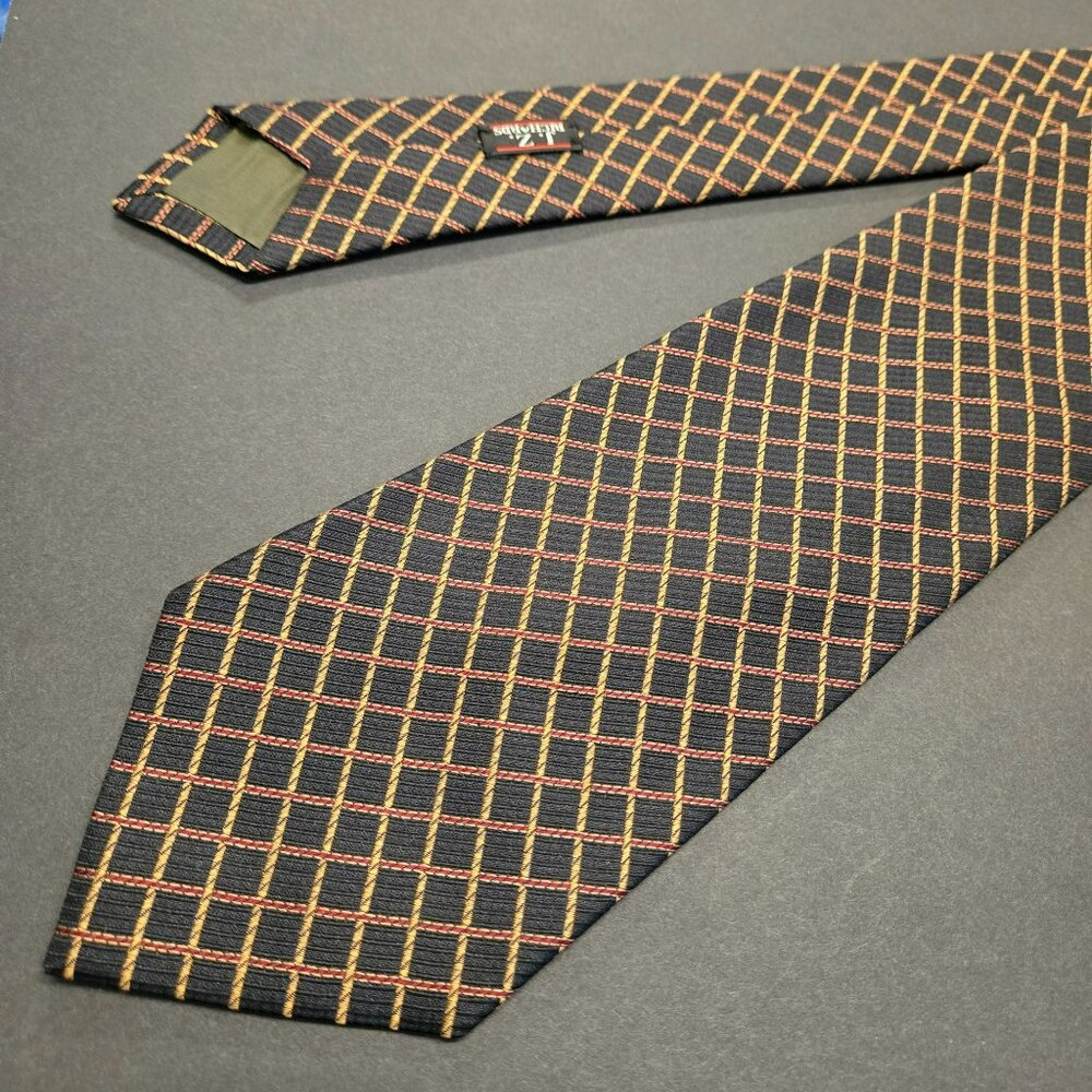 Nordstrom J.Z. Richards All Silk Tie Black Gold & Red Check Pattern 58" x 4" USA